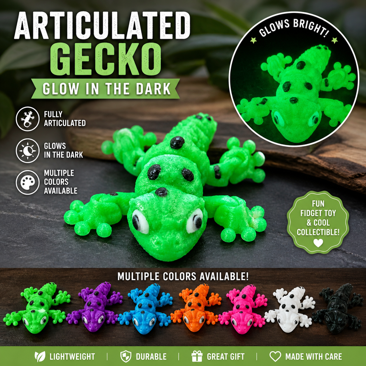 Articulated Gecko | 3D Printed Flexi | Glow in the Dark