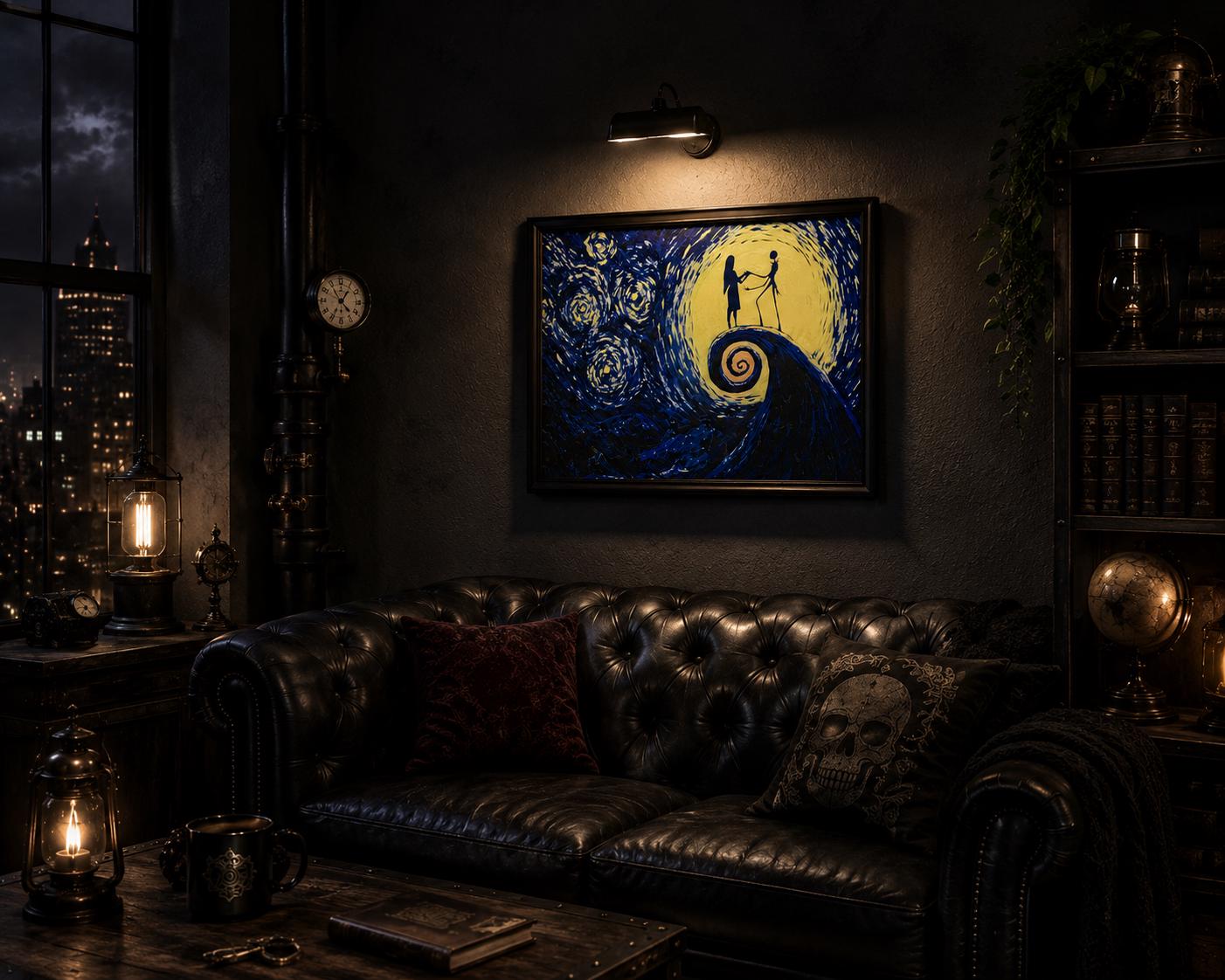Jack & Sally Inspired Starry Night Canvas | Textured 3D Printed Art | Nightmare Before Christmas