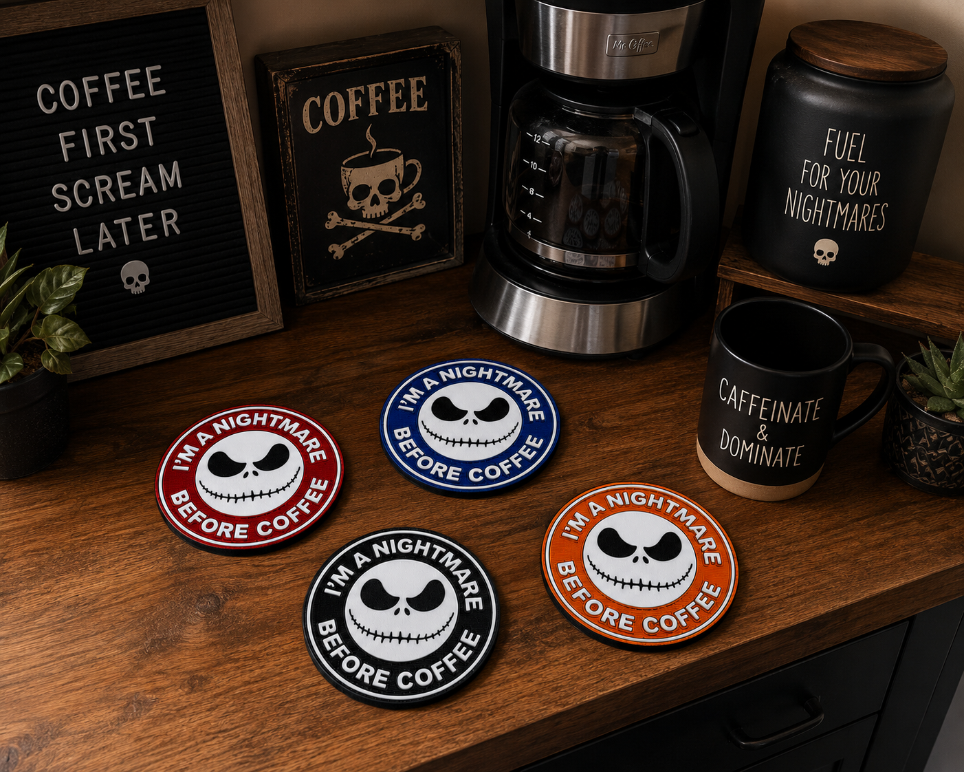 Nightmare Before Coffee Coasters | 3D Printed | Set of 4