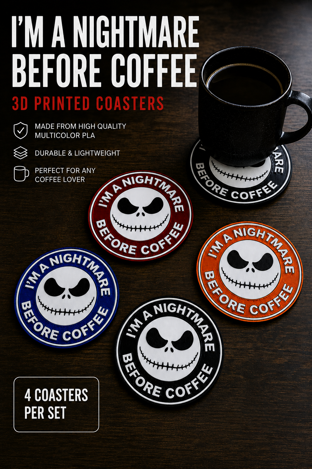 Nightmare Before Coffee Coasters | 3D Printed | Set of 4