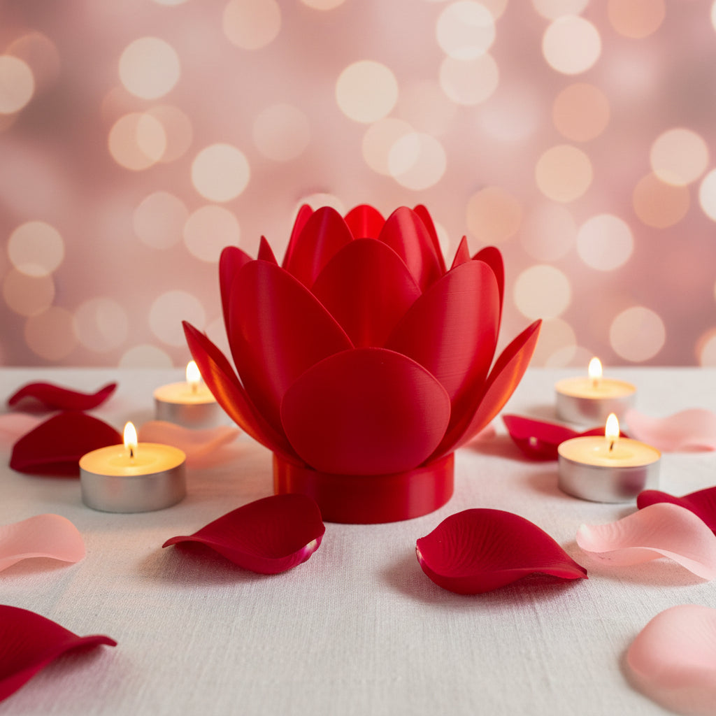 Red flower-shaped candle on a dark surface with a light gray background